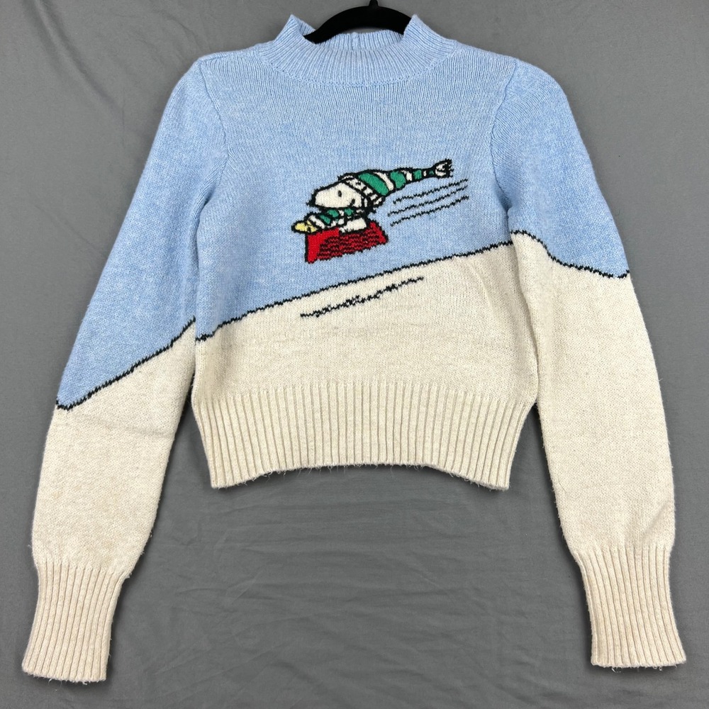 American Eagle Peanuts Sweater Womens XS Snoopy Sledding Blue White Knit Good